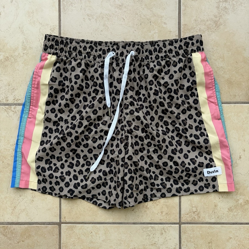 Duvin Swim Trunks Mens Large Cheetah Disco Board Shorts Rainbow Stripe Lined